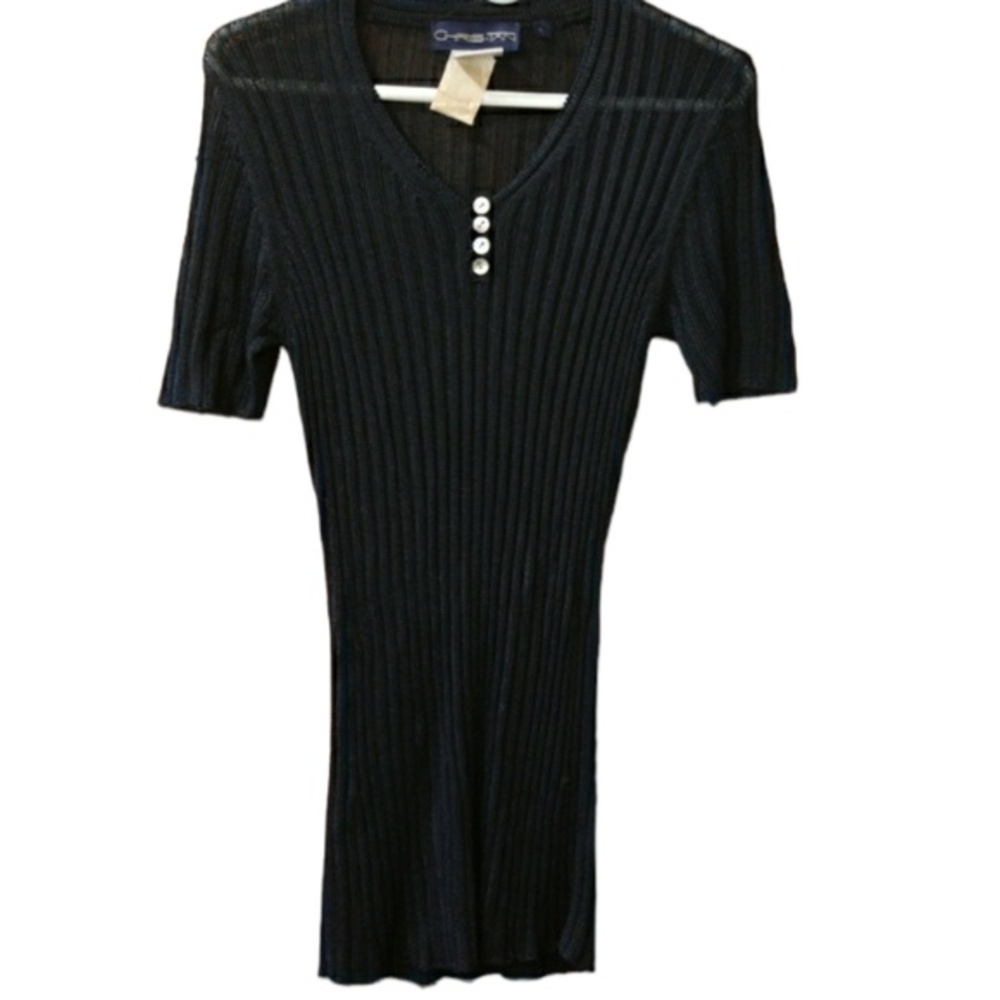 Chris Tan Black Ribbed Vintage Long Line Tunic Henley Knit Top Medium